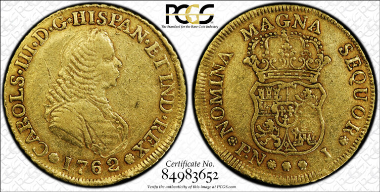 Read more about the article G027 Very rare COLOMBIA. 1762-J 4 Escudos gold. Popayan mint.  PCGS XF Details