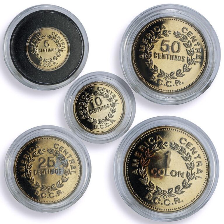 Read more about the article Costa Rica 1 colon 50 25 10 5 centimos Set BCCR PROOF Coinage CuNi coins 1976