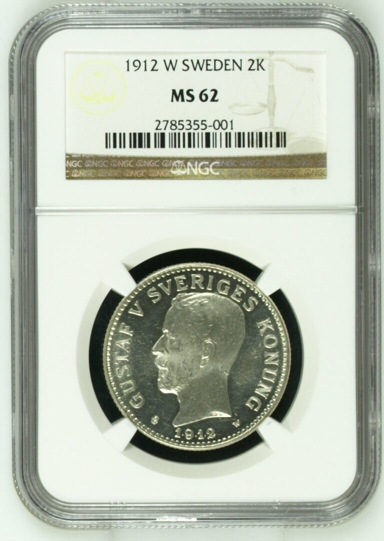 Read more about the article SWEDEN – SPECTACULAR SCARCE GUSTAF V SILVER 2 KRONOR  1912 W  NGC GRADED MS 62