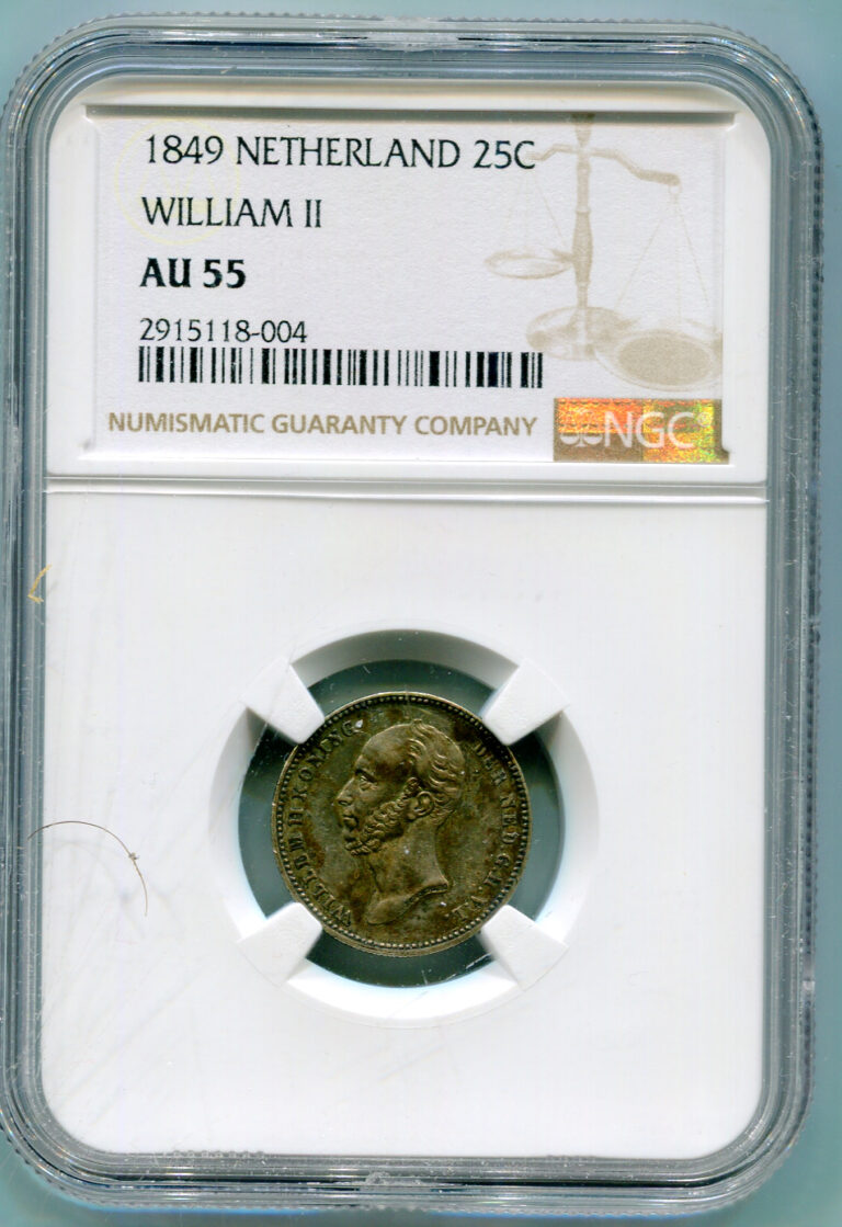 Read more about the article Netherlands 25 Cents 1849 dot NGC AU 55   lotjun4477