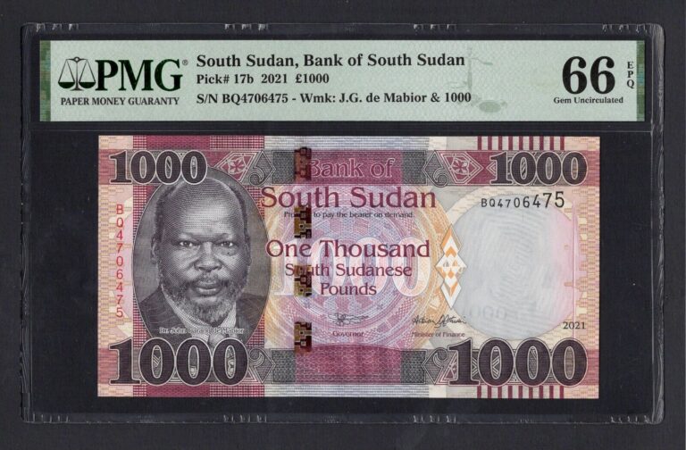 Read more about the article South Sudan 1000 Pounds 2021 P17b Uncirculated Graded 66