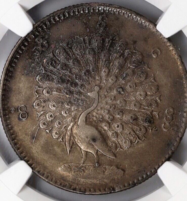 Read more about the article NGC AU Burma PEACOCK 1 Kyat Silver Coin  1852 AD CS1214  RARE Elegant TONING!