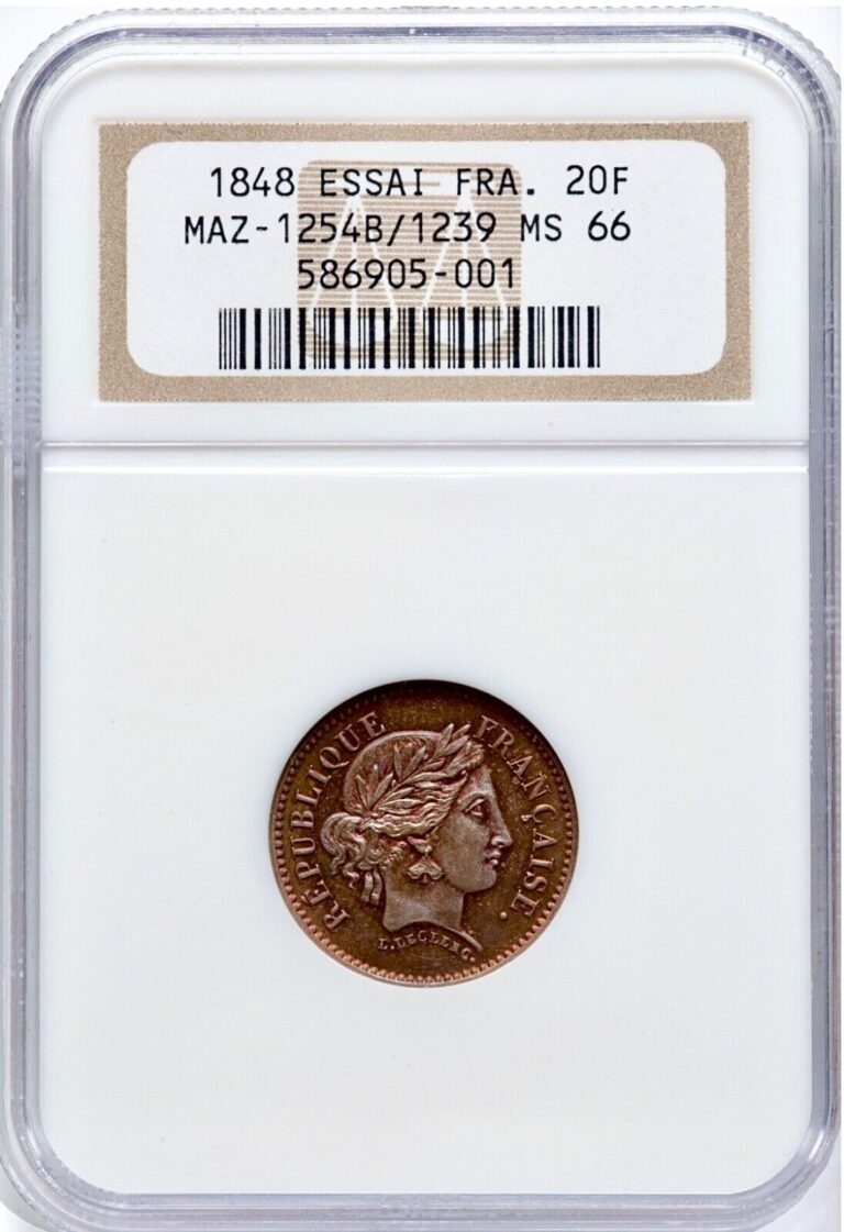 Read more about the article 1848 France Republic 20 Francs Essai Pattern MAZ-1254B NGC MS66