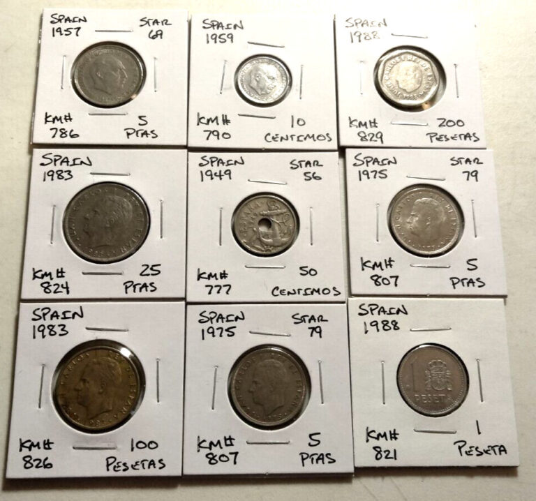 Read more about the article Spain  Coin Lot – (9 Coins)  -All are in 2 X 2’s –  See Photos  (Lot#677)