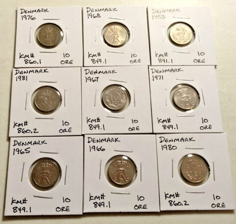 Read more about the article Denmark  Coin Lot – (9 Coins)  -All are 10 Ore –  See Photos  (Lot#792)