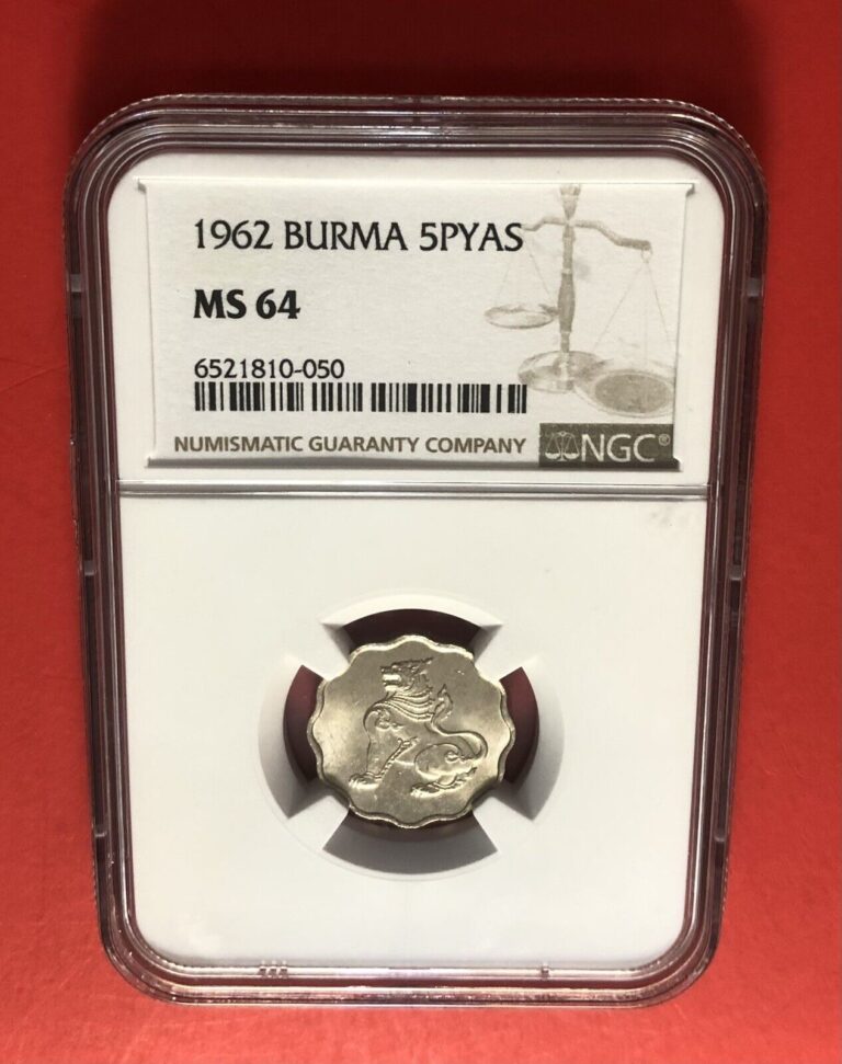 Read more about the article 1962-BURMA -UNCIRCULATED 5 PYA COIN GRADED BY NGC MS64.