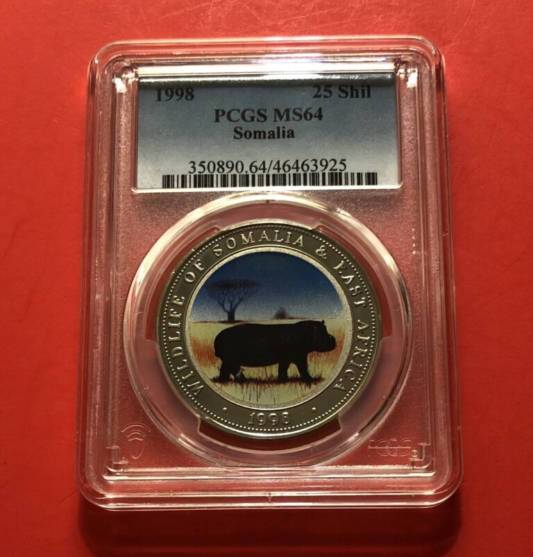 Read more about the article 1998 -SOMALIA – COLORIZED UNCIRCULATED 25 SHILLINGS (HIPPO) GRADED BY PCGS MS64.