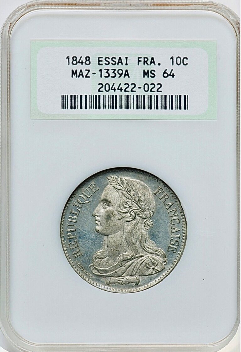 Read more about the article 1848 France Republic Essai Pattern 10 Centimes MAZ-1339A NGC MS64 Old Holder