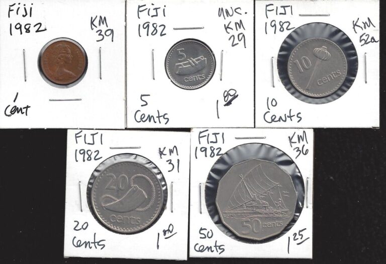 Read more about the article FIJI COINS – LOT OF 5 COINS – 1 CENT TO 50 CENTS – ALL 1982