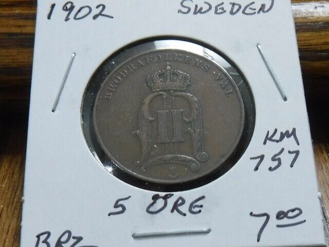 Read more about the article 1902 Sweden 5 Öre – KM# 757 – Nice bronze coin