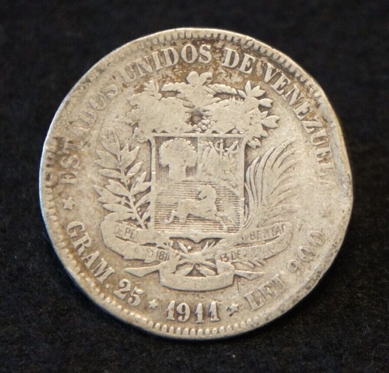 Read more about the article 1911 Venezuela 5 Bolivar 90% SILVER in Good Condition NICE Collectible!