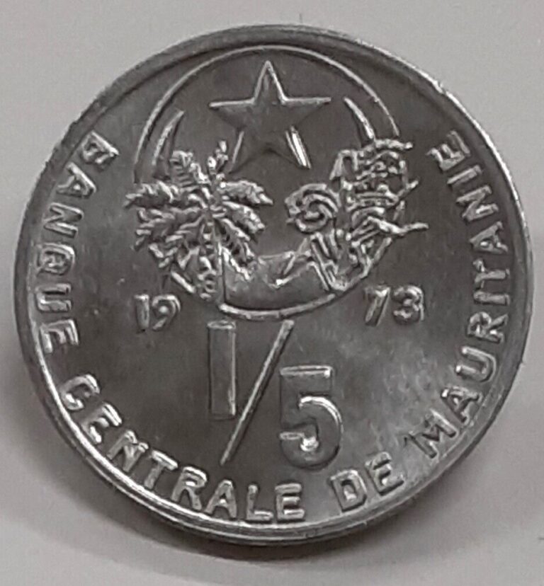 Read more about the article 1393/1973 Mauritania 1/5 Ouguiya Coin w/Coat of Arms Obverse BU