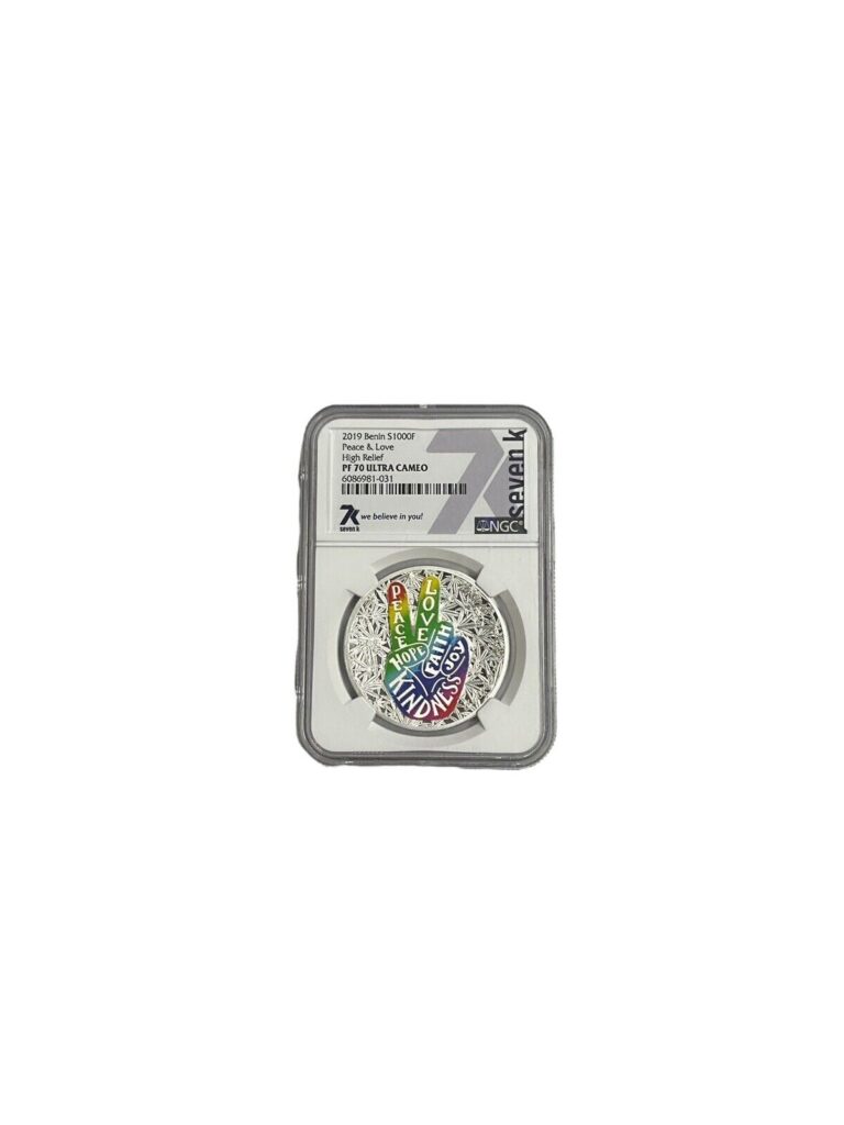 Read more about the article 2019 Benin NGC PF70 Ultra Cameo Peace and Love 1 oz Silver Proof Coin colorized.