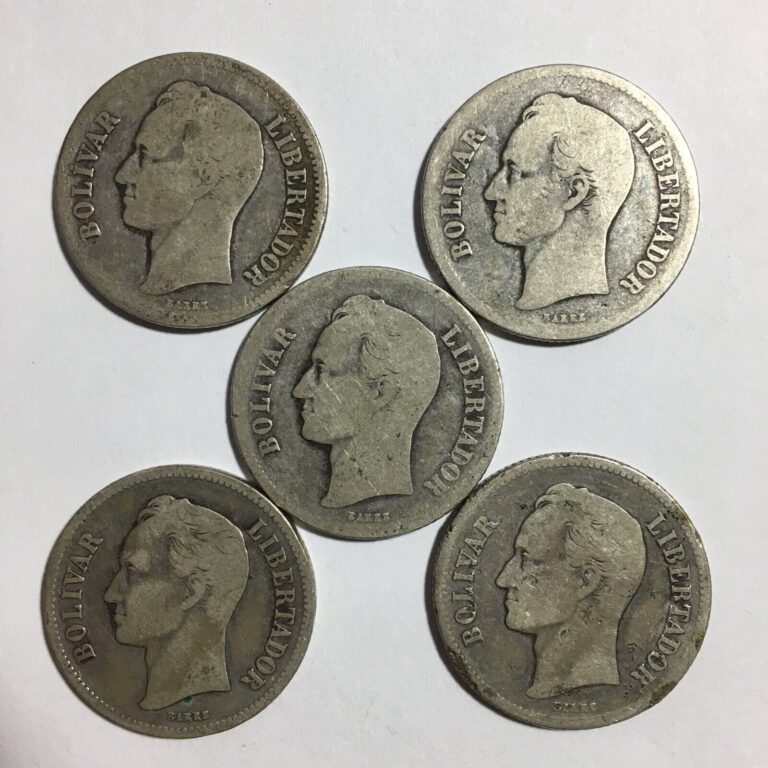 Read more about the article Lot of 5 Venezuela 2 Bolivares 1936 World Silver Coins Y# 23 Worn