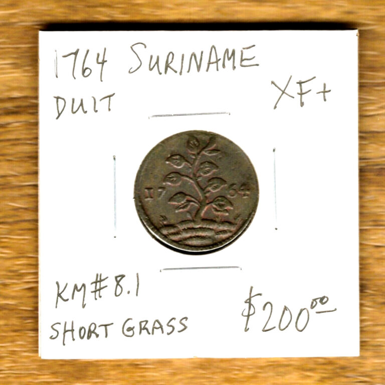 Read more about the article SURINAME – BEAUTIFUL HISTORICAL COPPER DUIT  1764  KM# 8.1 (SHORT GRASS)