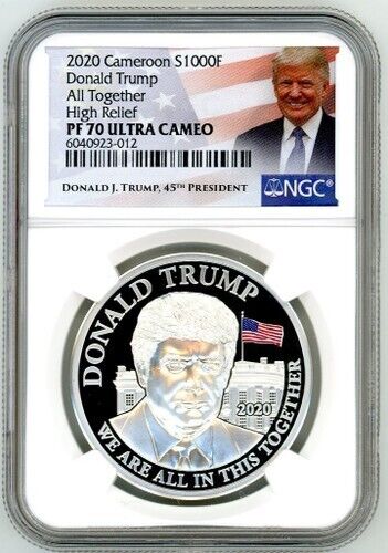 Read more about the article 2020 Cameroon Silver 1000 Francs Donald Trump All Together High Relief PF70 NGC