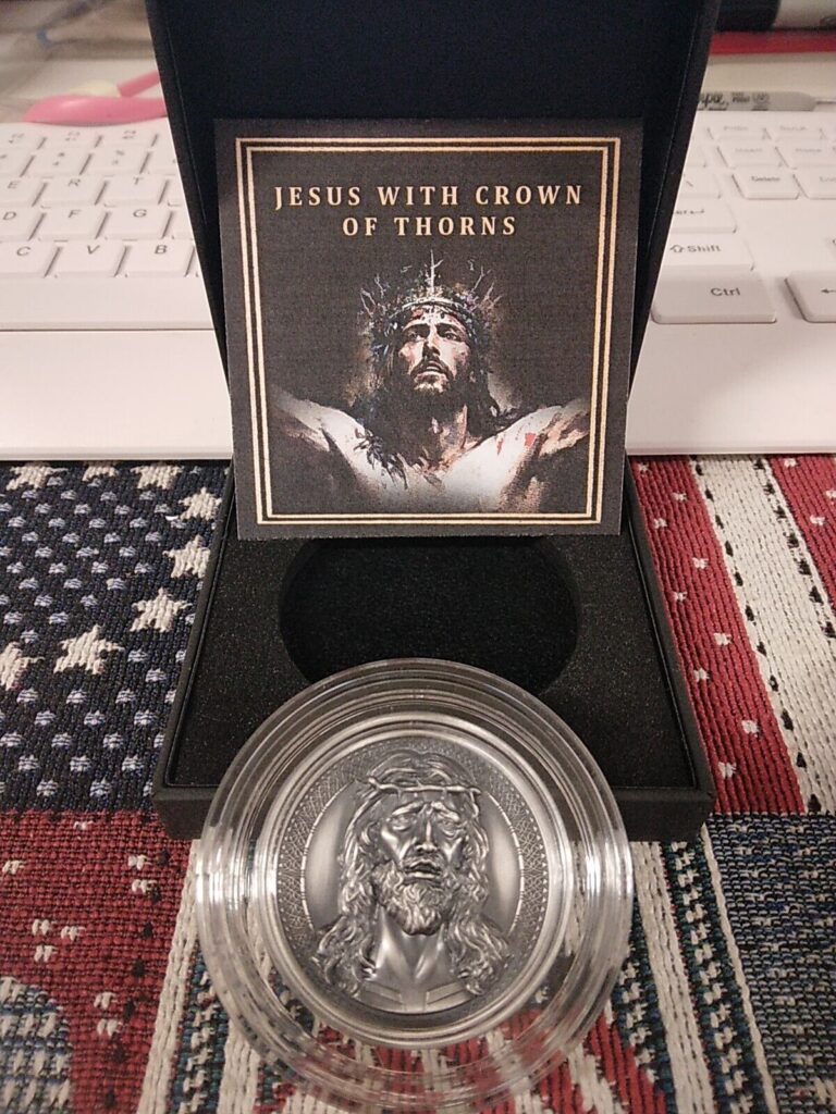 Read more about the article 2024 Cameroon Jesus With Crown of Thorns UHR 1 oz Silver Coin 999 Mintagelot#358