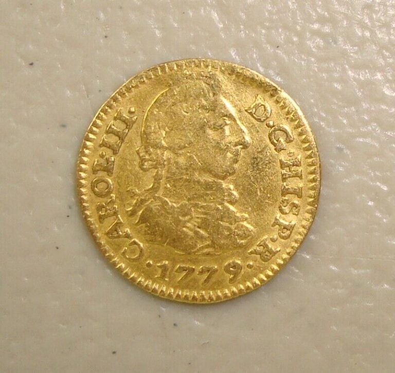 Read more about the article 1779-M PJ Madrid  Spain Charles III Gold 1/2 Escudo XF Holed Plugged