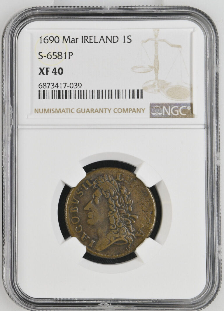 Read more about the article Ireland Gun Money James II Shilling 1690 Mar – NGC XF 40