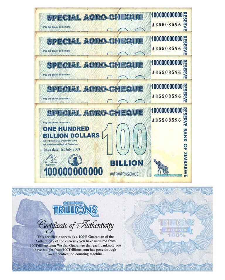 Read more about the article 5 Zimbabwe 100 Billion Special Agro Cheque banknote 2008  P-64 USED COA PARKER