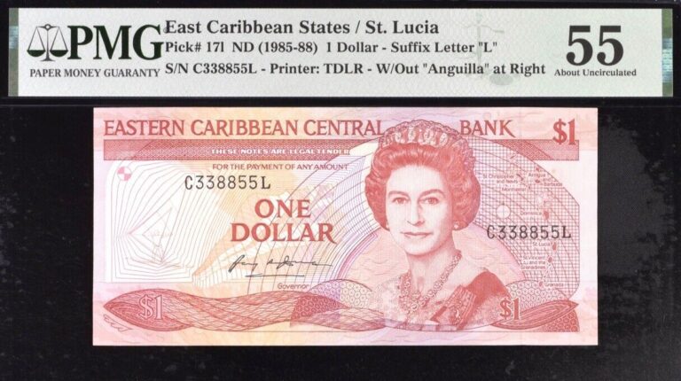 Read more about the article East Caribbean States St Lucia $1 Pick# 171 ND (1985-88) PMG 55 AU Banknote