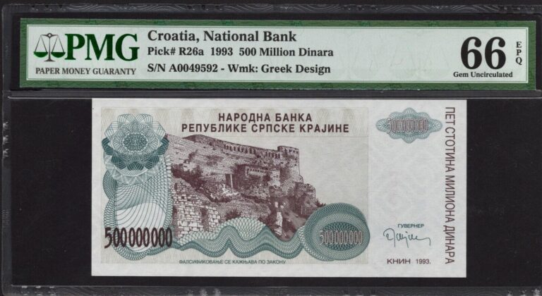 Read more about the article Croatia 500 Million Dinara  1993  P-R26  PMG 66 UNC Authentic USA