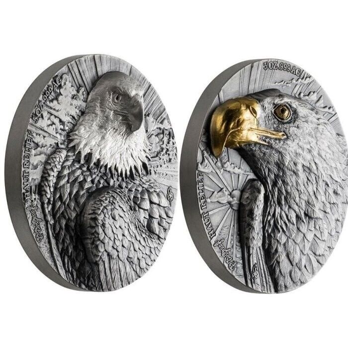 Read more about the article 2020 Ivory Coast 5oz America Eagle Ultra High Relief Antiqued Gilded Silver Coin