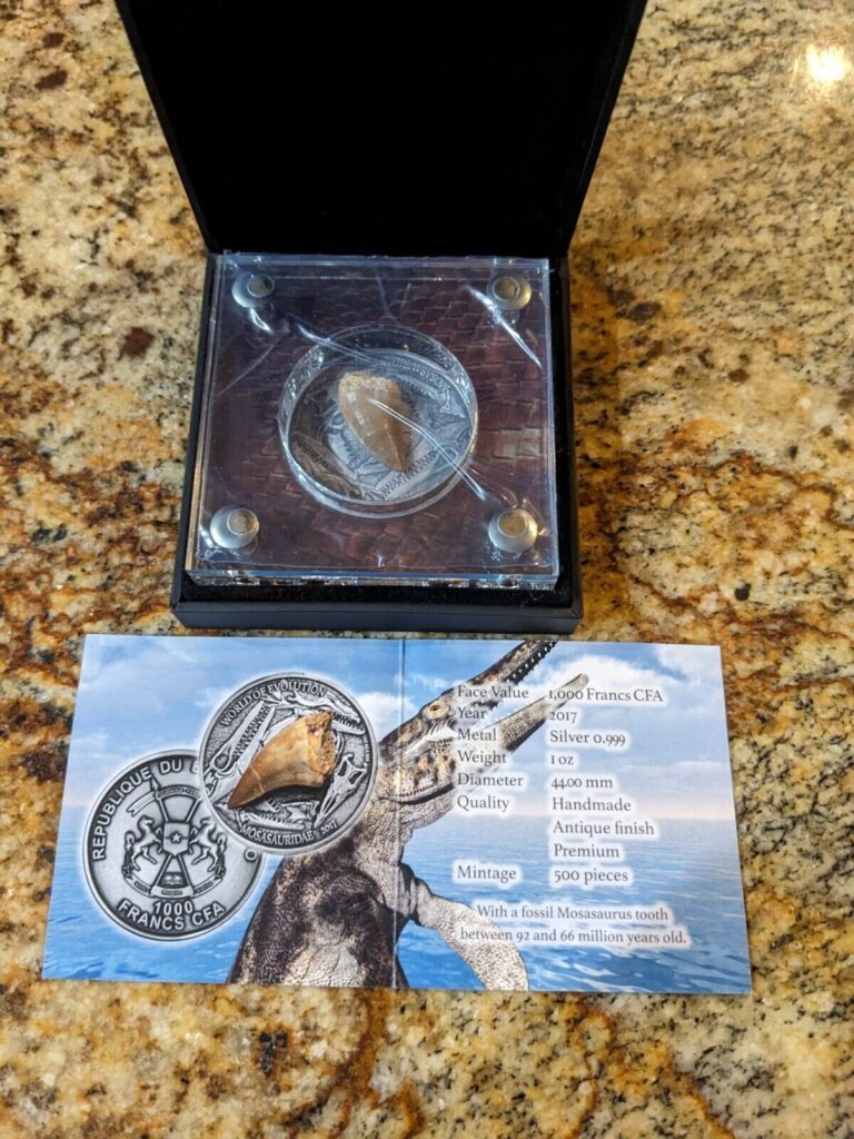 Read more about the article Burkina Faso 2017 – World of Evolution: Mosasauridae – 1 Oz .999 Silver Coin