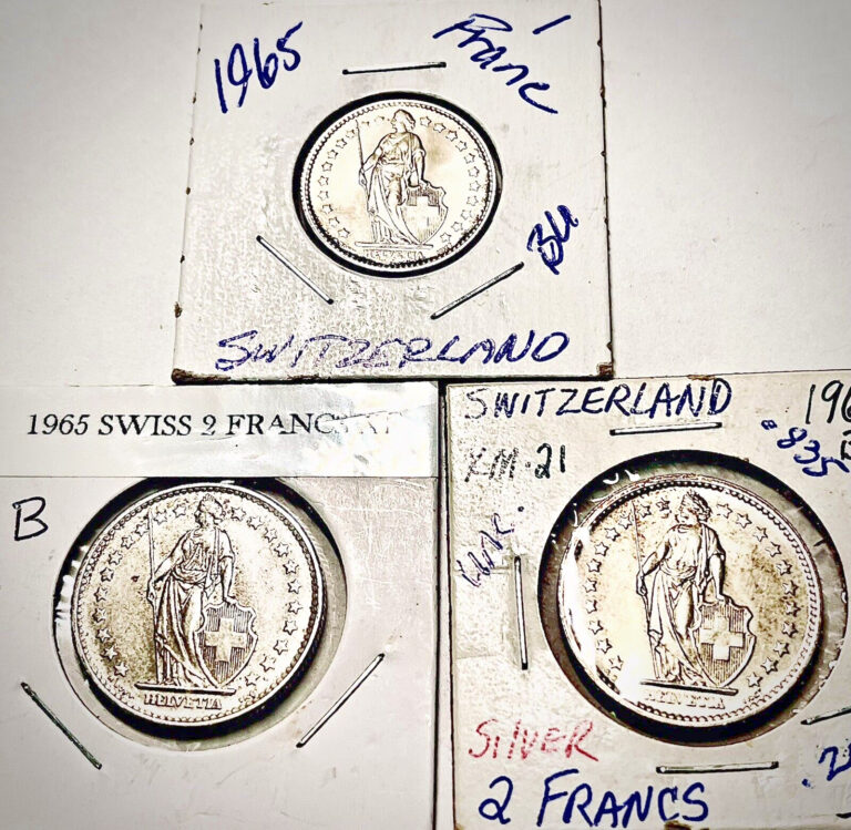 Read more about the article Pair of Switzerland 2 Francs 1965 and 1967 + 1 Franc 1965 (3 UNC) .8350 Silver