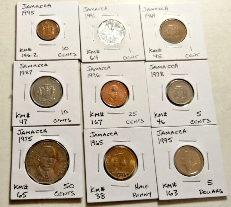 Read more about the article Jamaica  Coin Lot – (9 Coins)  -All are in 2 X 2’s –  See Photos  (Lot#765)