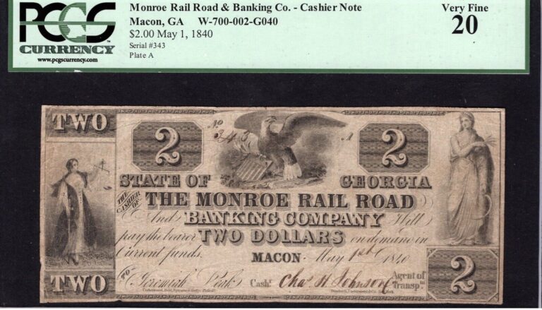 Read more about the article May 1  1840 Macon GA State of Georgia Monroe Rail Road G040 $2 Note PCGS VF20