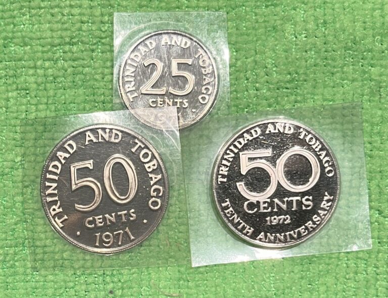 Read more about the article Trinidad and Tobago – Lot of 3 PROOF Coins – 50 Cents 1971 and 1972  25 Cents 1971