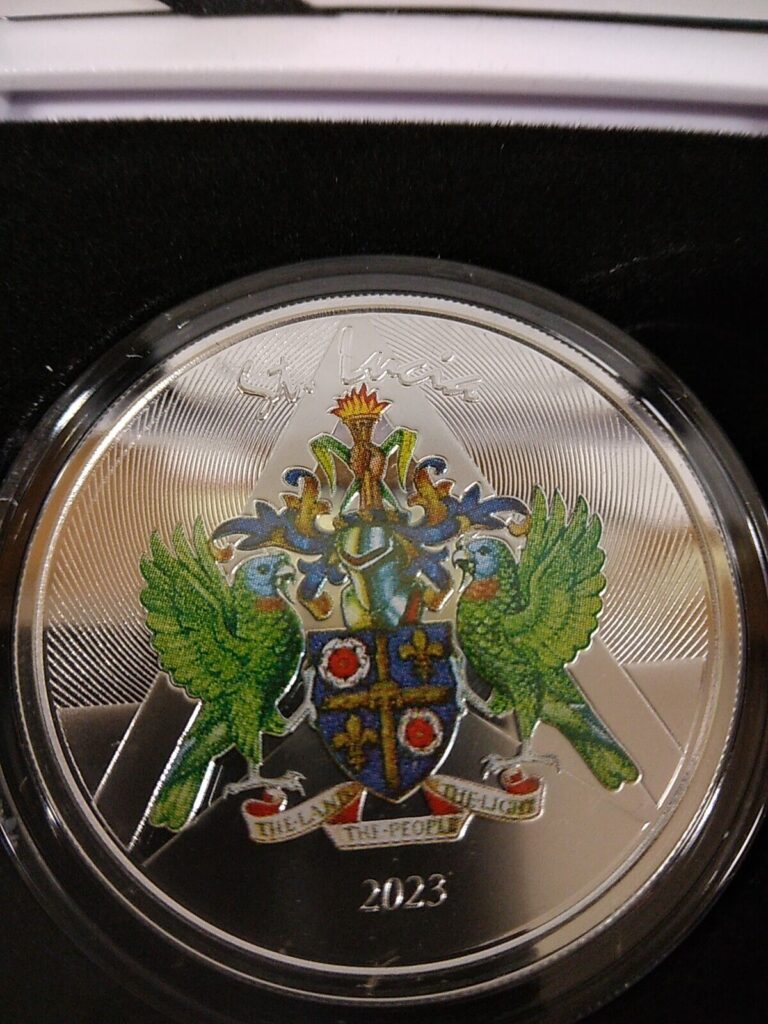 Read more about the article 1 Oz Silver 2023 EC8 COLORZED FLAG OF ST. LUCIA .999 500 MINTAGE LOT#465