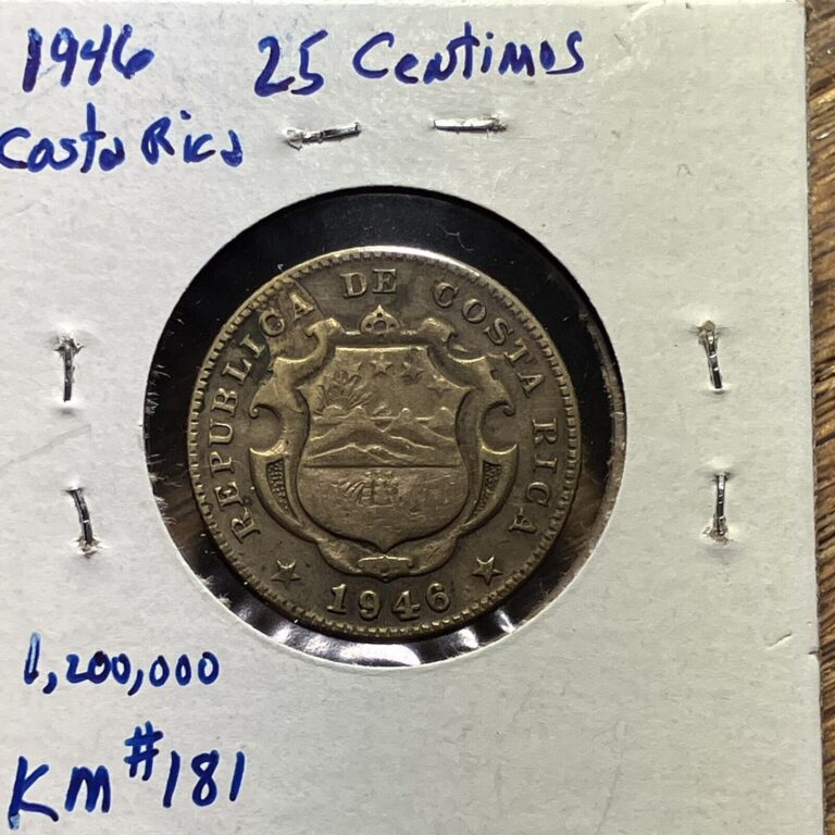 Read more about the article 1946 COSTA RICA – 25 CENTIMOS – KM#181 – FINE/VERY FINE CONDITION