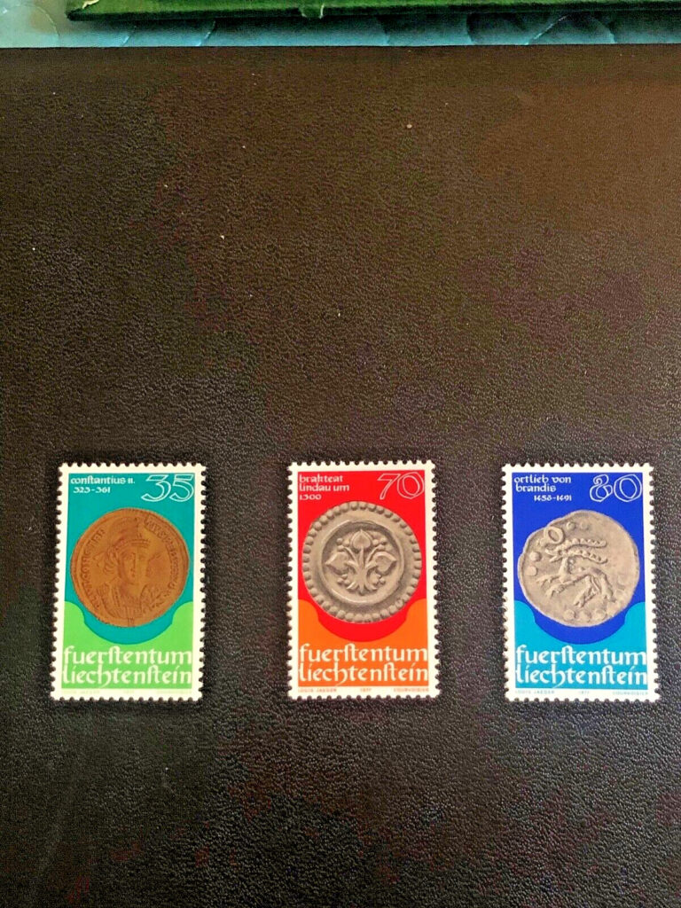 Read more about the article 1977  STAMS – LIECHTENSTEIN – SC0TT #621 – 623 – MNH – EMPEROR COINS