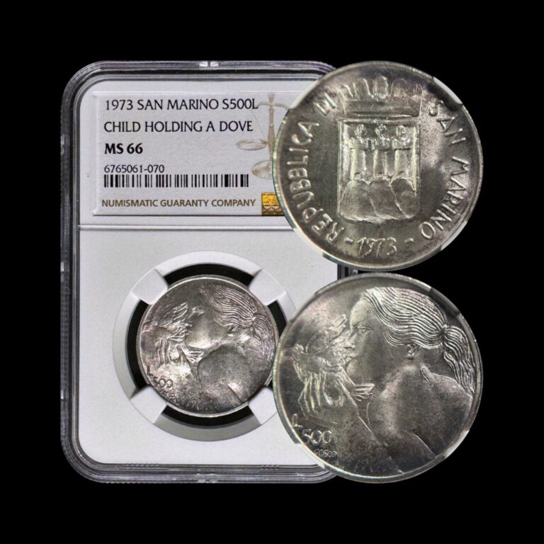 Read more about the article SAN MARINO. 1973  500 Lire  Silver – NGC MS66 – Girl Holding Dove 🌈 Toned