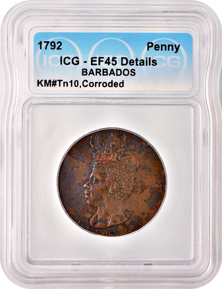 Read more about the article 1792 Barbados Penny  Extra Fine ICG EF45  Details Corroded