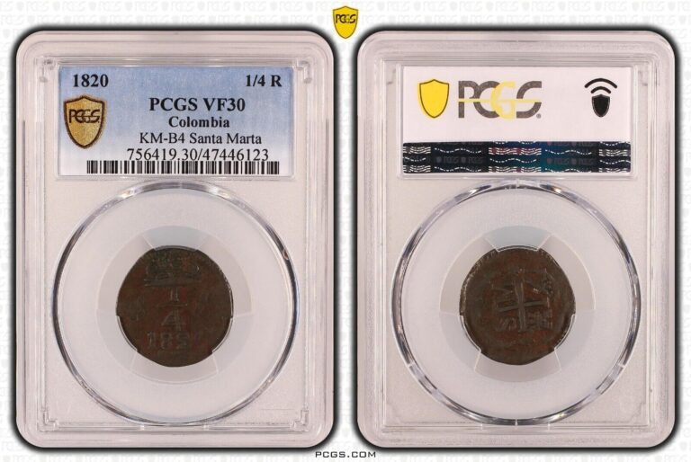 Read more about the article SANTA MARTA COLOMBIA 1/4 REAL VF COIN 1820 YEAR KM#B4 PCGS GRADING VF30