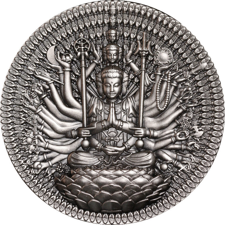 Read more about the article 2025 Gabon Thousand Armed and Eyed Guan Yin Bodhisattva Buddha 2 oz Silver Coin