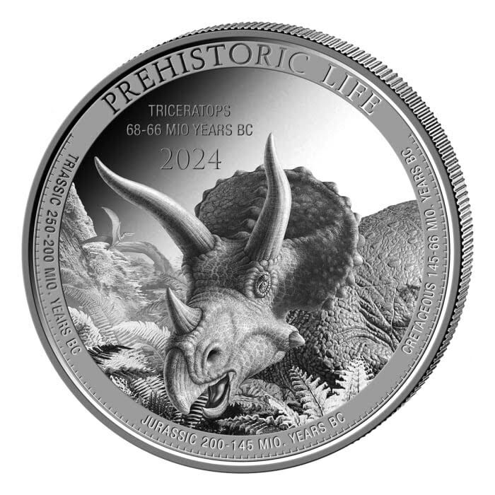 Read more about the article 2024 Congo Prehistoric Life Triceratops BU 1 oz Silver Coin in capsule