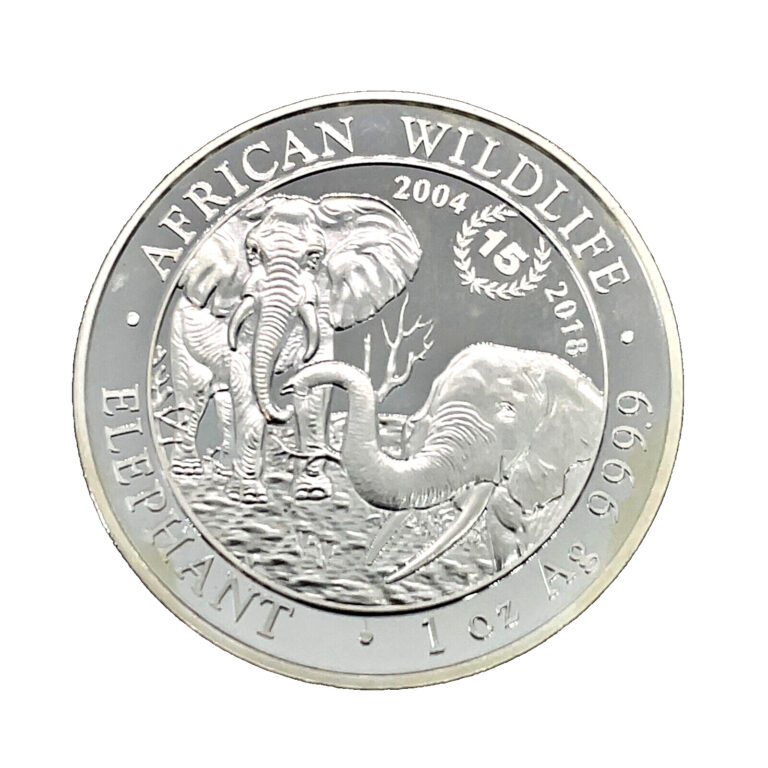 Read more about the article Somalia Elephant 2004 – 2018 15th Anniversary Jubilee 1 oz Silver Proof Coin