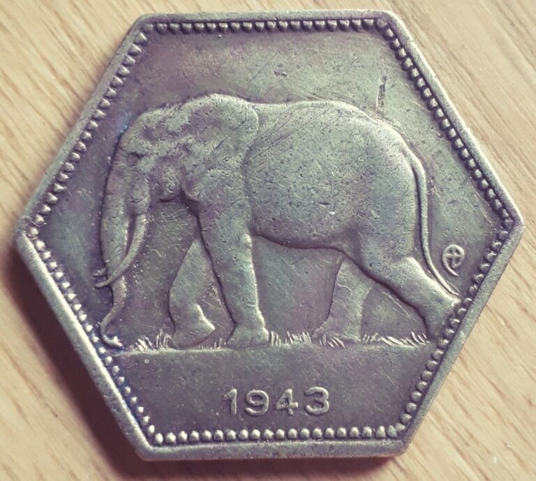 Read more about the article BELGIAN CONGO : 2 francs 1943 Km 25 Elephant six-sided