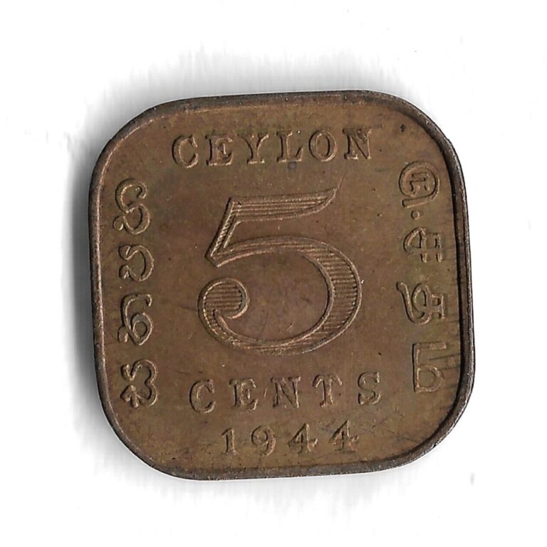 Read more about the article 1944 Ceylon Sri Lanka 5 Cents Square World Coin – KM# 113.1