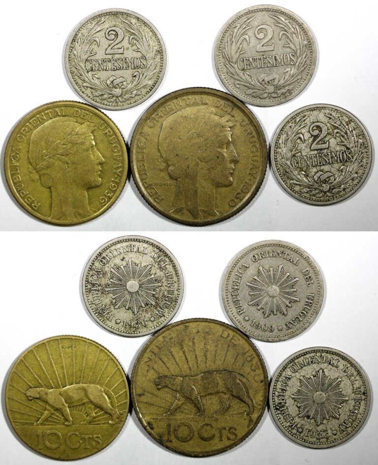 Read more about the article URUGUAY LOT OF 5 COINS 1909-1936 10 Centesimos. 2 Centesimos.F-XF Condit. (785)