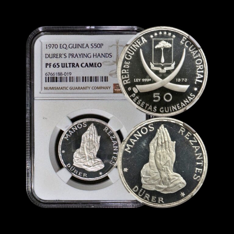 Read more about the article GUINEA. 1970  50 Pesetas  Silver – NGC PF65 – Top Pop 🥇 Durer’s Praying Hands