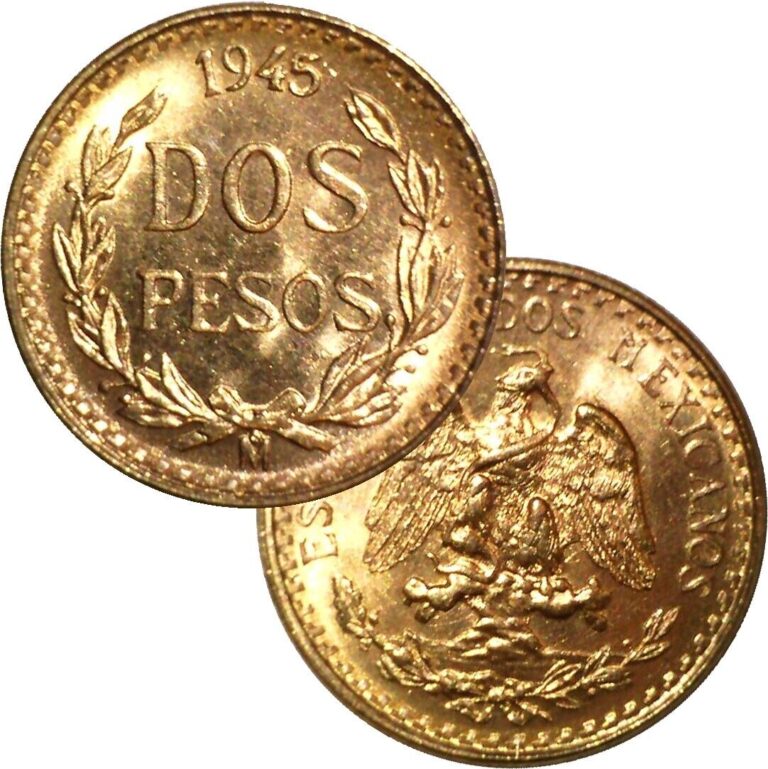 Read more about the article 1945 Mexico 2 Pesos Gold AGW .0482 oz Coin BU
