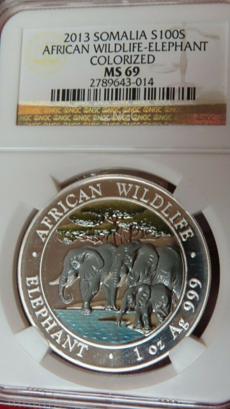 Read more about the article 2013 Colorize Somalia 100 Shillings African Elephant .999 Silver Coin NGC MS69 .