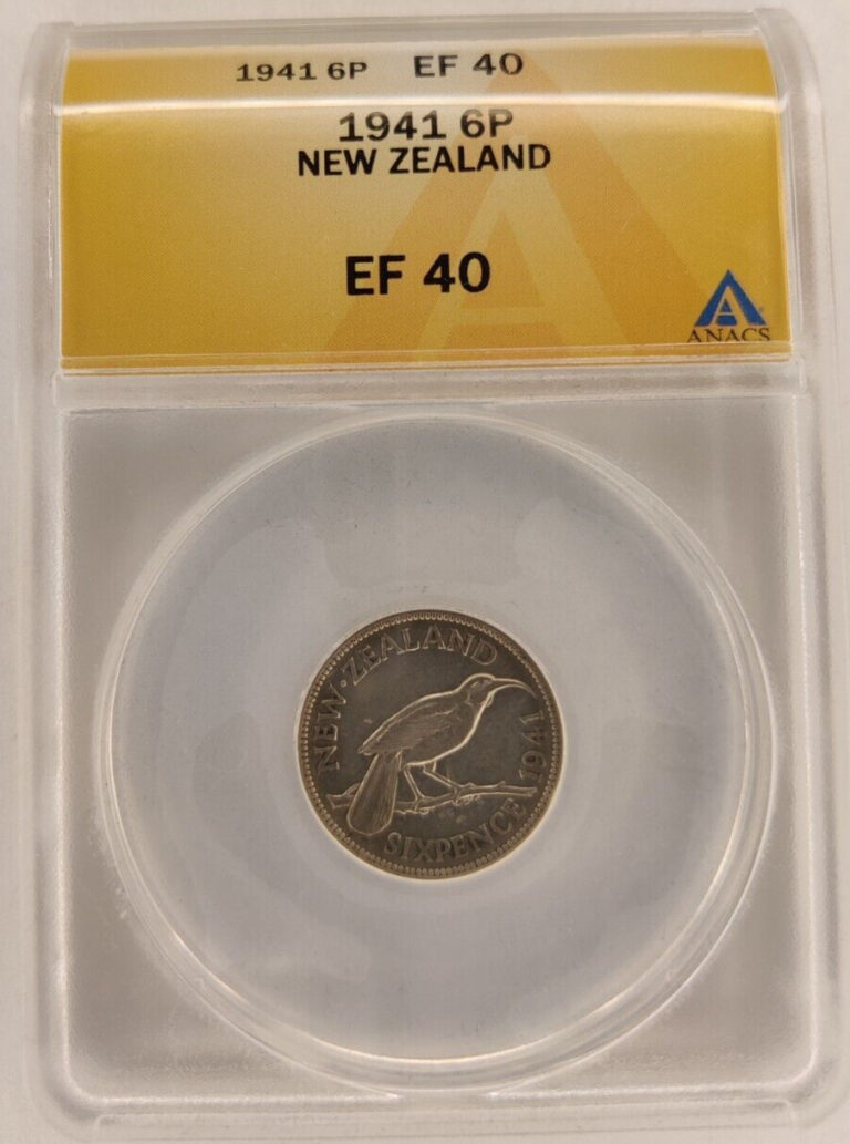 Read more about the article 1941 New Zealand 6 Pence Coin ANACS EF40 Rare Key Date Silver Coin 2B