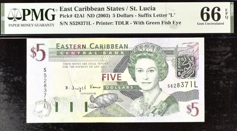 Read more about the article East Caribbean States/St Lucia $5 Pick#42A1 ND(2003)PMG 66 EPQ Gem Unc Babnknote