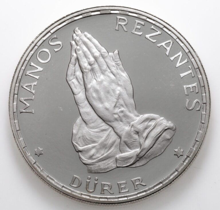 Read more about the article 1970 Equatorial Guinea 100 Pesetas Silver Proof Coin  Dürer Praying Hands KM 12